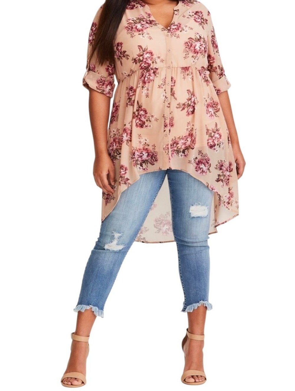 Torrid Chiffon Floral Button Front Hi-lo Blouse 3/4 Sleeves Sheer Pink 3X